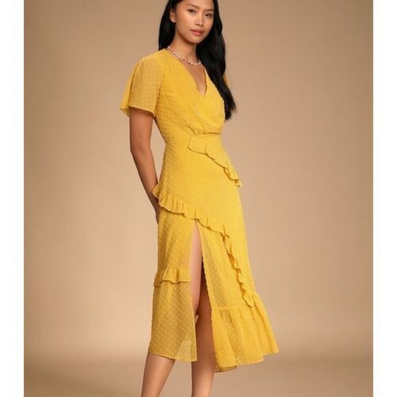 LULUS Swiss Dot Ruffled Midi Dress Mustard Yellow Color Size M $69 - Picture 3 of 5